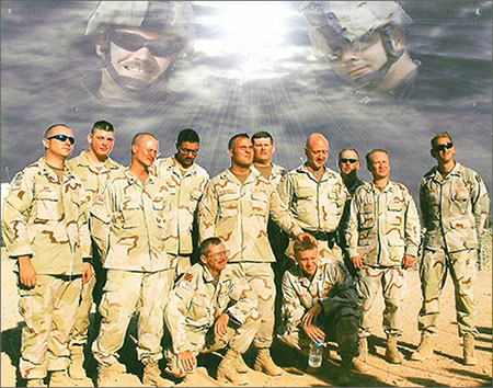Group photo of soldiers in military uniforms with digitally enhanced cloud above their heads of image of Joey Hunt Group photo of soldiers in military uniforms with digitally enhanced cloud above their heads of image of Joey Hunt